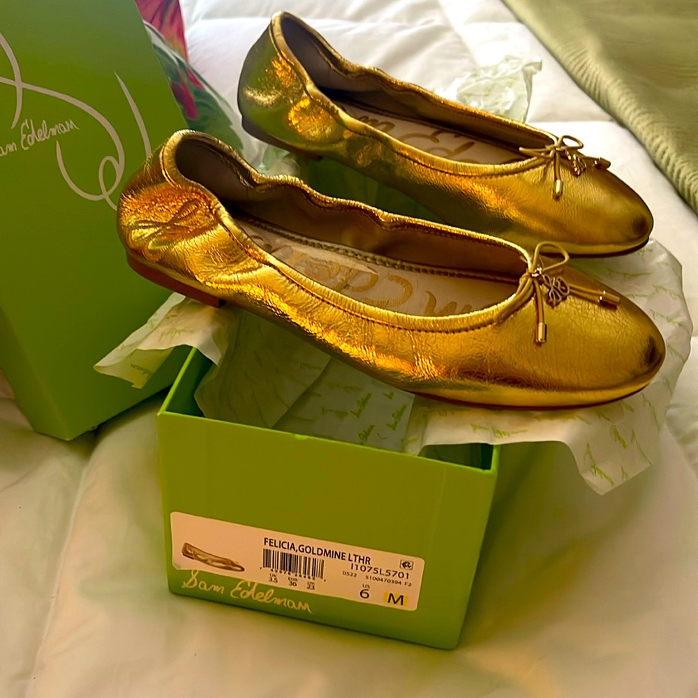 New Sam Edelman Felicia goldmine leather size 6 m ballet shoe with heel bow